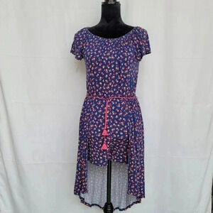 Kandy Kiss Women Blue Pink Floral Rayon Romper Dress Shorts Jumpsuit Stretch L